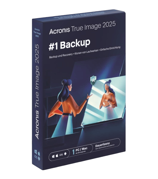 Verpackung der Acronis True Image 2025 Software, zeigt Backup und Recovery Funktionen für PC und Mac mit Dauerlizenz